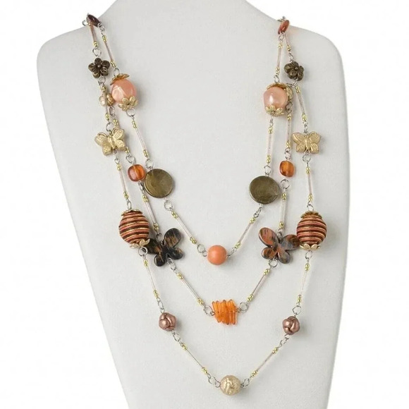 Multi Strand Resin Glass Mixed Baubles Browns Gold Silver Long Bib Necklace - Picture 1 of 3